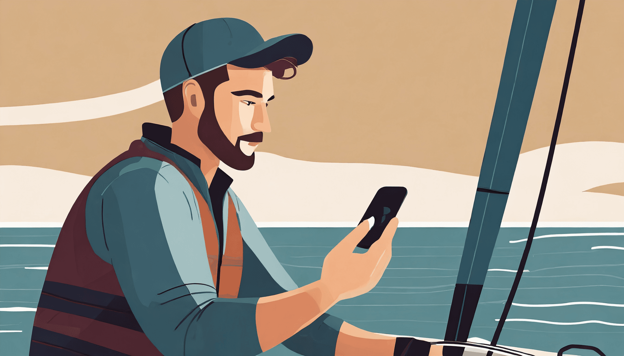 Hombre mirando su smartphone en un velero