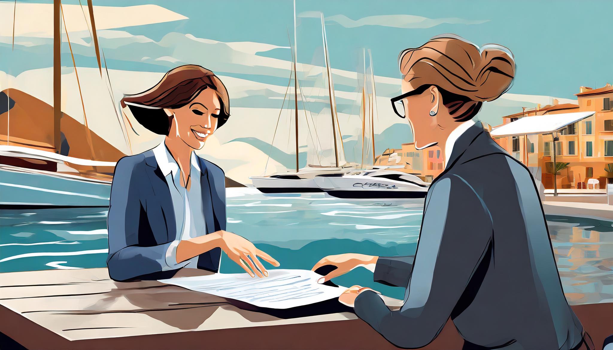 An insurance broker with a customer at a harbor