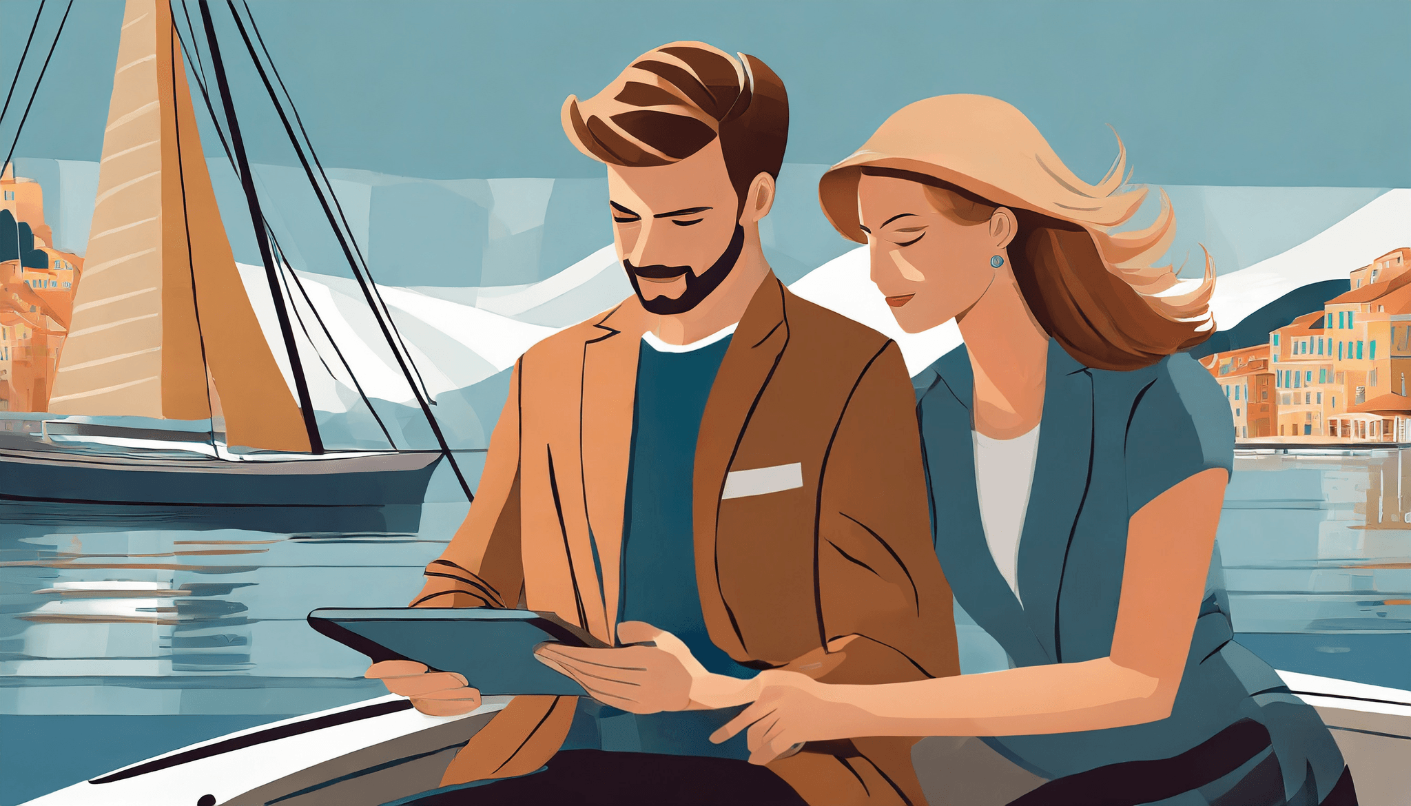 A couple on yacht looking at a tablet at a port