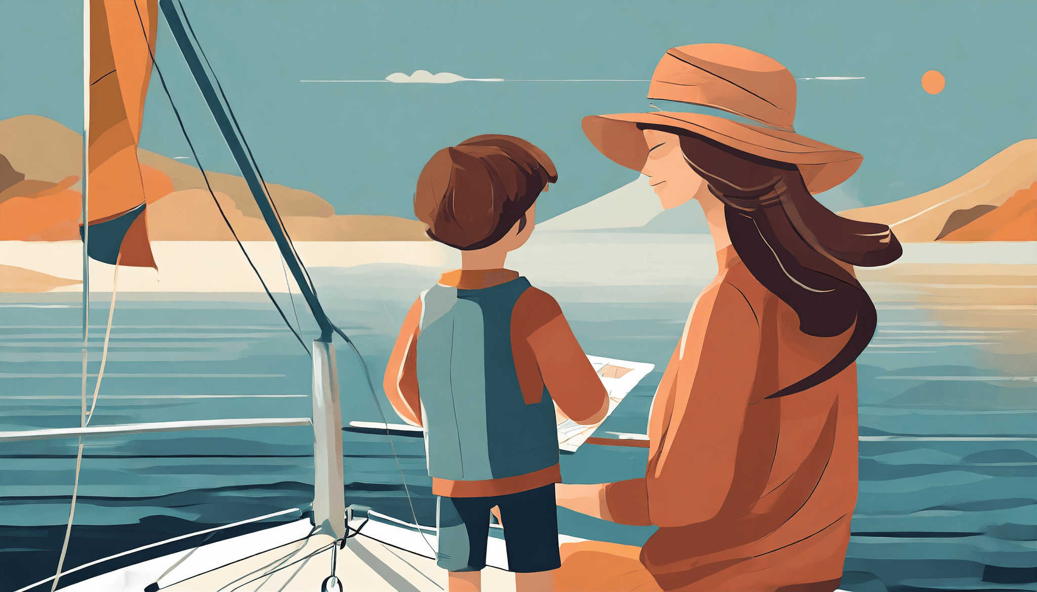 Mother with her son on a sailing yacht